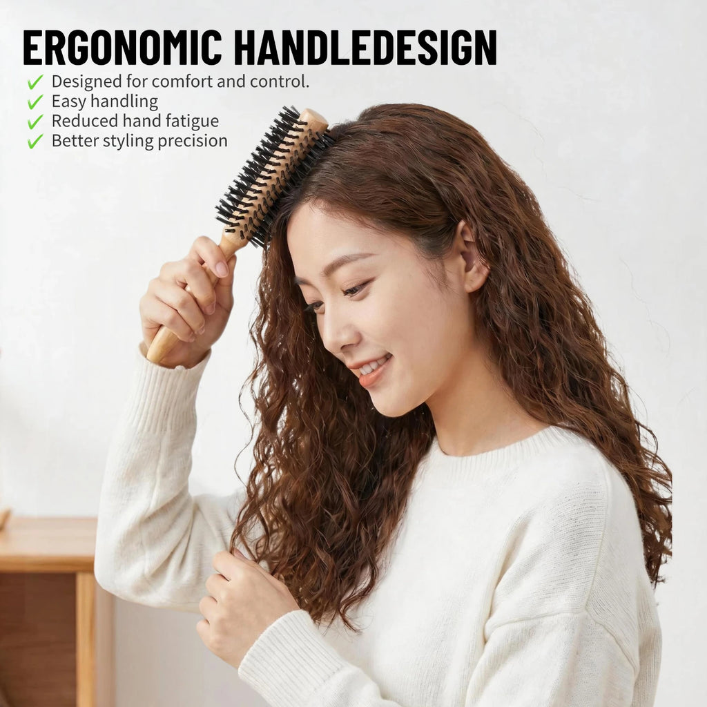 Beech Wood Round Hair Brush – Nylon Bristle, 3 Sizes, Blow Dry Styling