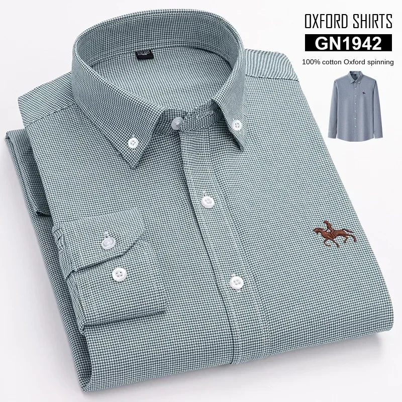 Men's White Oxford Shirt | Pure Cotton, Embroidered Horse, Long Sleeve