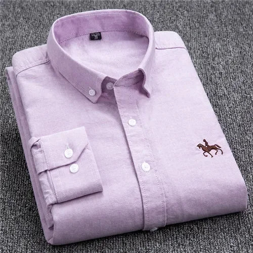 Men's White Oxford Shirt | Pure Cotton, Embroidered Horse, Long Sleeve
