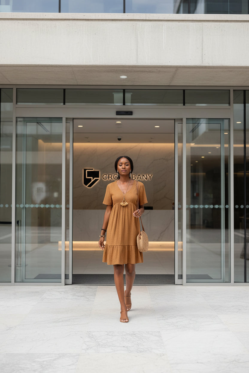 MKASOUTH — Women's V-Neck Ruffle A-Line Office Dress
