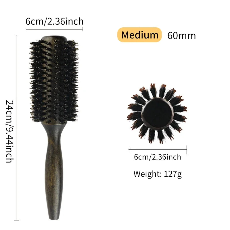 Boar Bristle Round Hair Brush – Wood Handle, 3 Sizes, Frizz Control