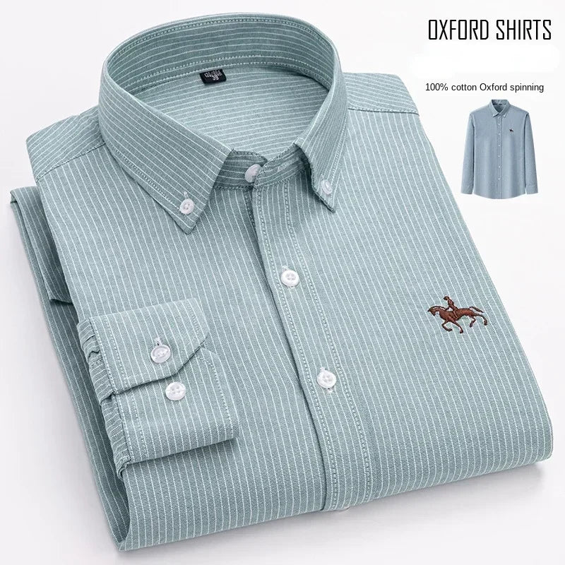 Men's White Oxford Shirt | Pure Cotton, Embroidered Horse, Long Sleeve
