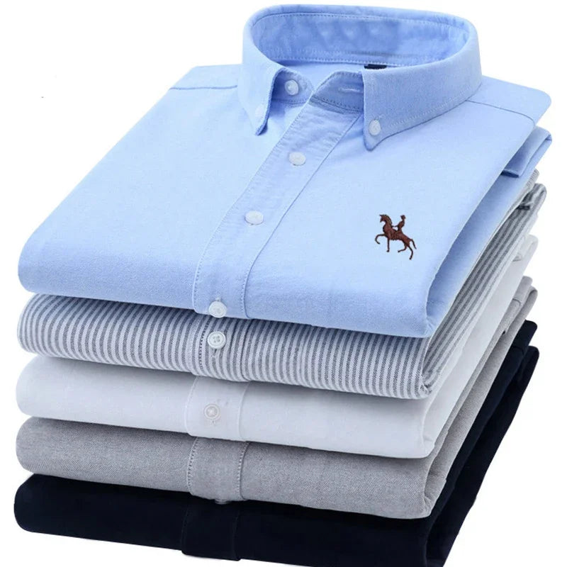 Men's White Oxford Shirt | Pure Cotton, Embroidered Horse, Long Sleeve