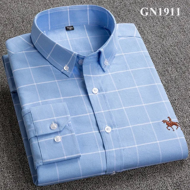 Men's White Oxford Shirt | Pure Cotton, Embroidered Horse, Long Sleeve