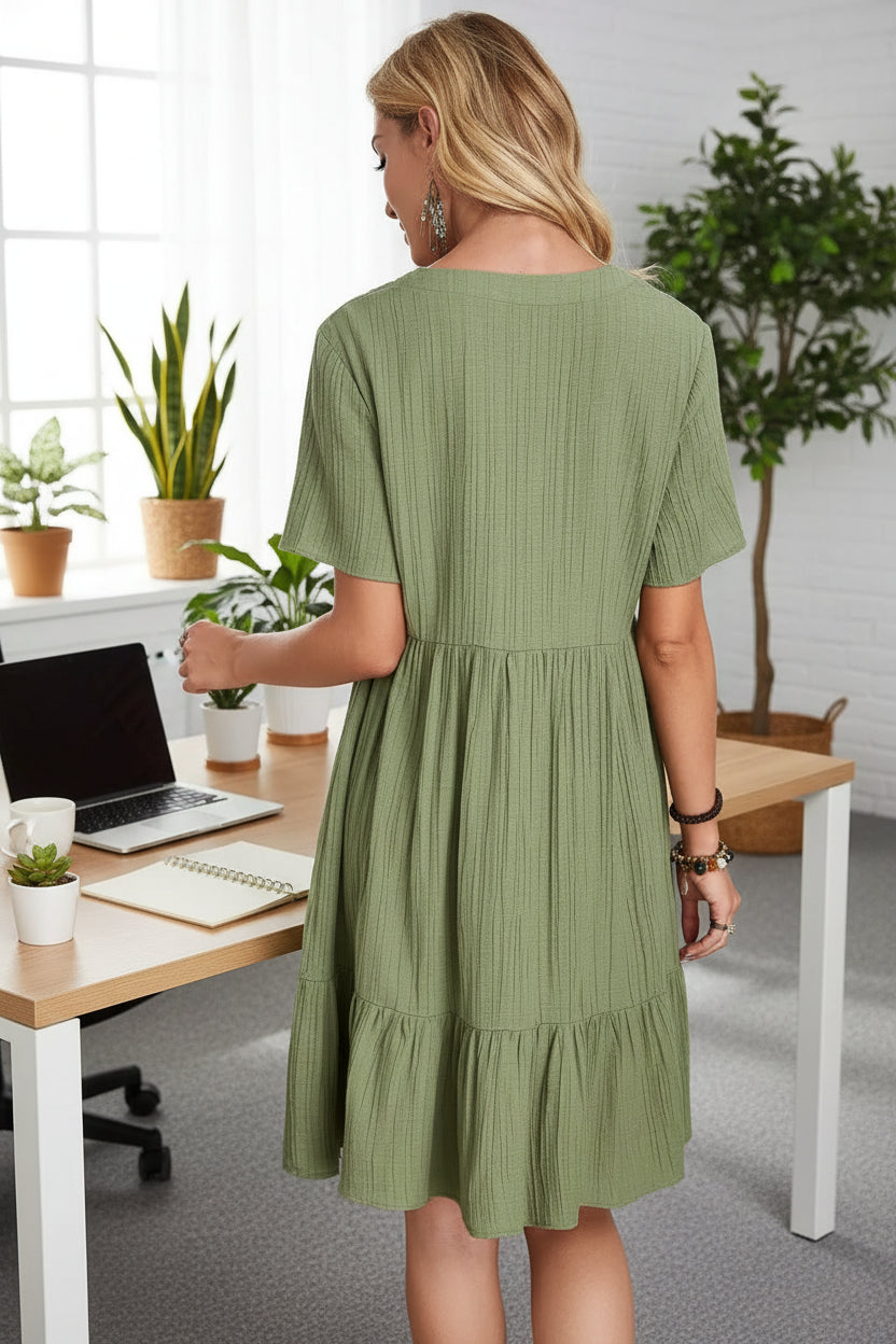 MKASOUTH — Women's V-Neck Ruffle A-Line Office Dress