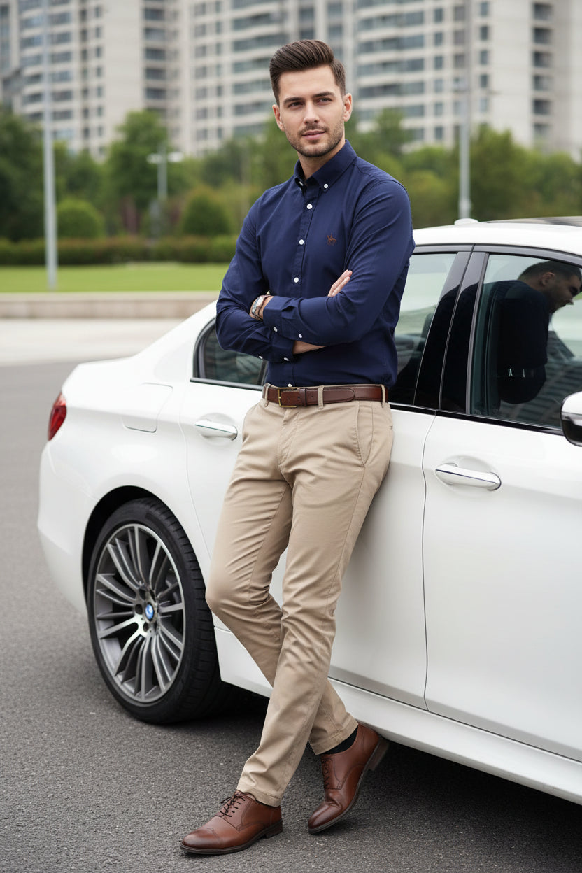 Men's White Oxford Shirt | Pure Cotton, Embroidered Horse, Long Sleeve