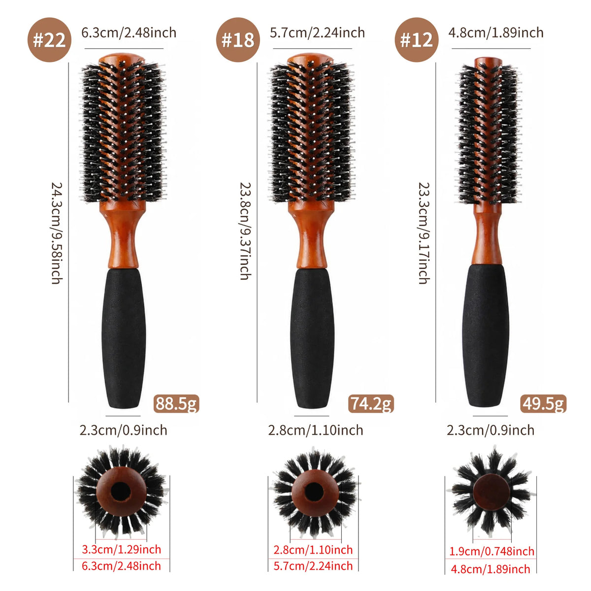 Boar Bristle Round Hair Brush – Beech Wood & Sponge Handle, 5 Sizes