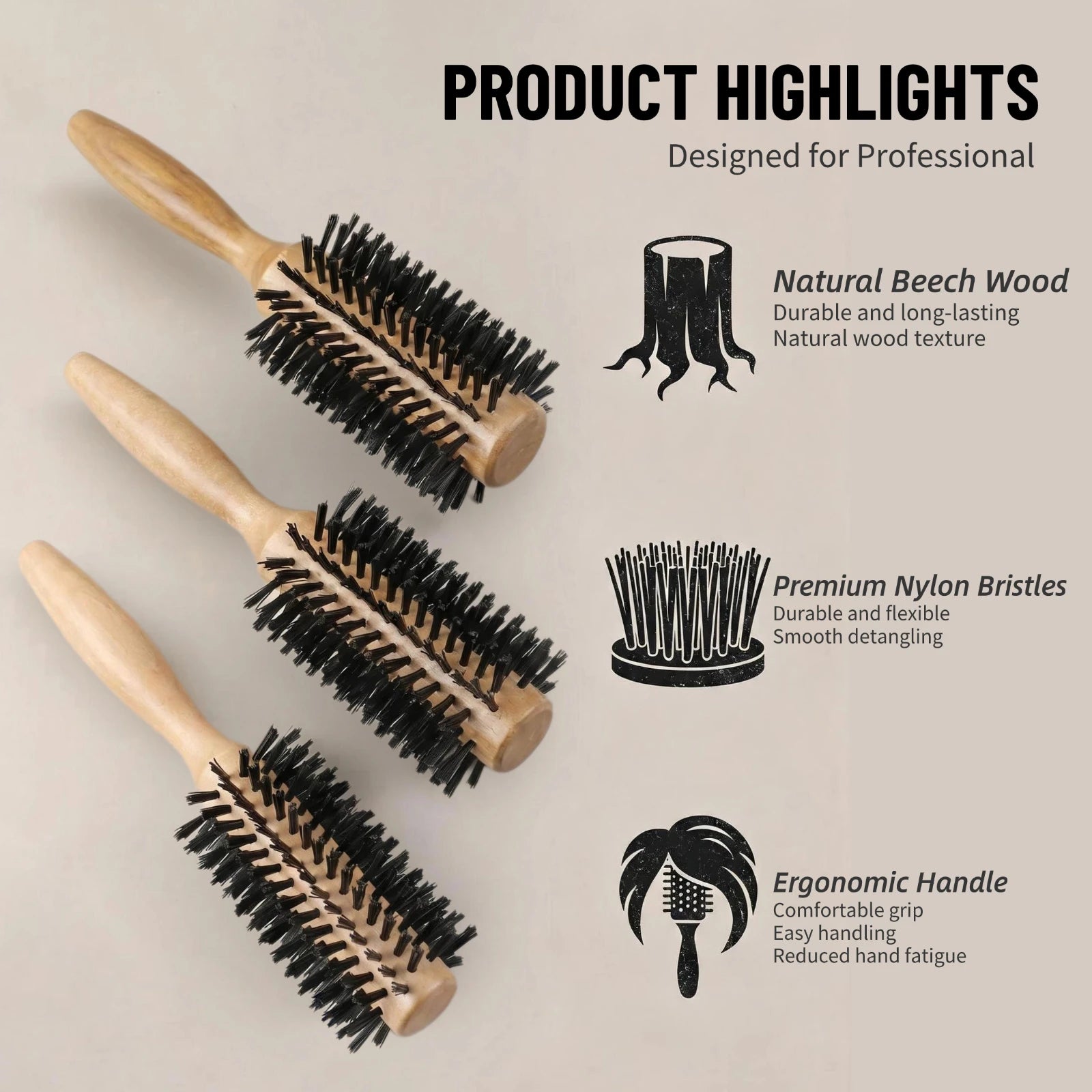 Beech Wood Round Hair Brush – Nylon Bristle, 3 Sizes, Blow Dry Styling