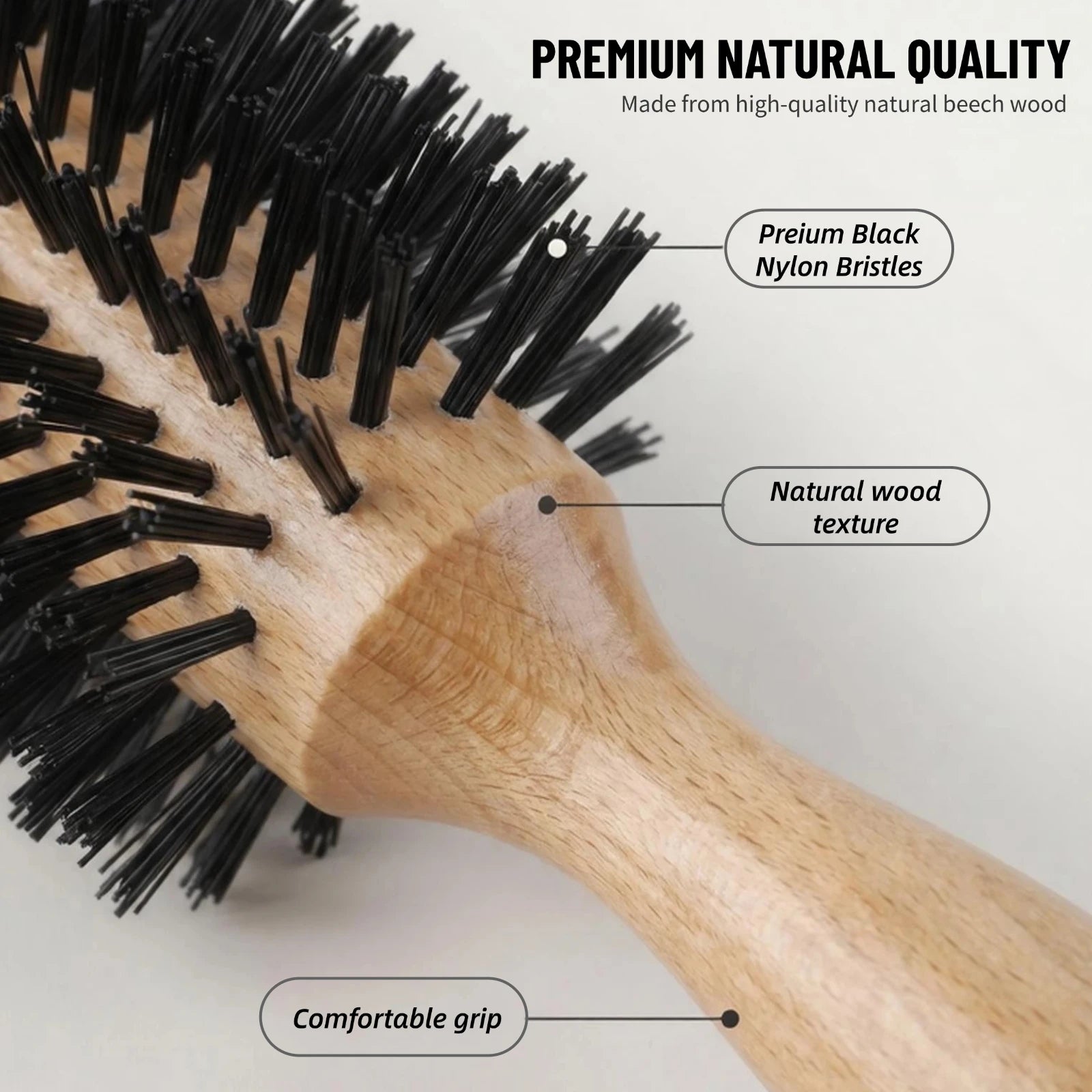 Beech Wood Round Hair Brush – Nylon Bristle, 3 Sizes, Blow Dry Styling