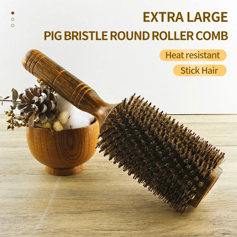 Boar Bristle Round Hair Brush – Wood Handle, 3 Sizes, Frizz Control