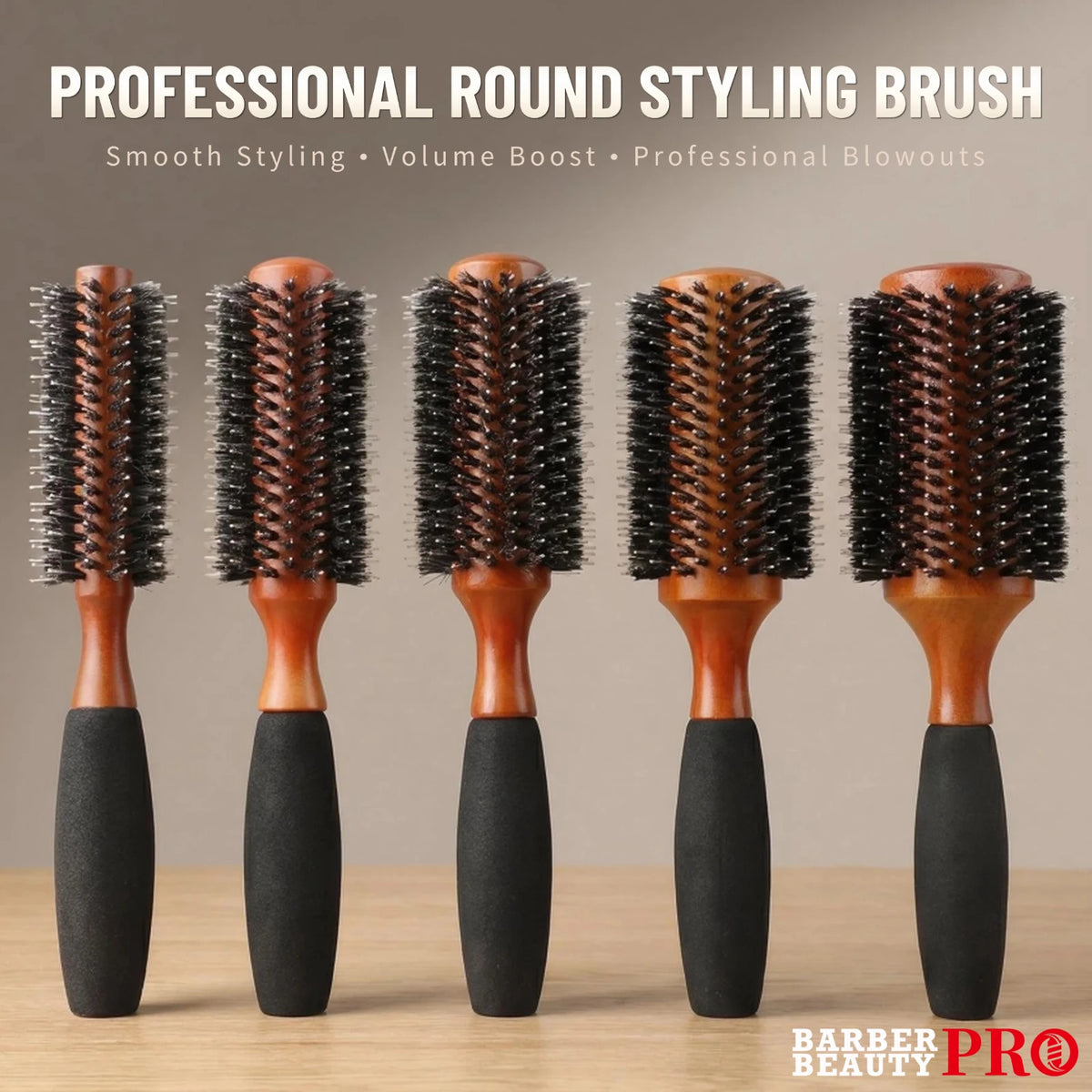 Boar Bristle Round Hair Brush – Beech Wood & Sponge Handle, 5 Sizes