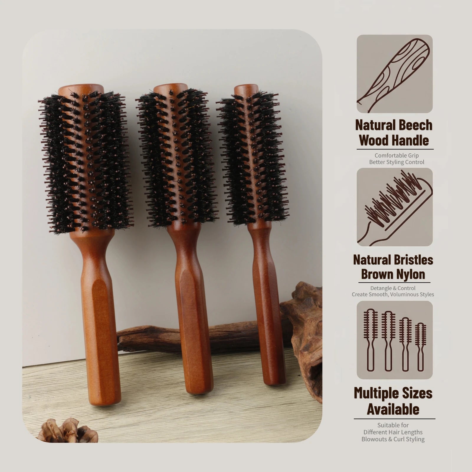 Boar Bristle Round Hair Brush – Beech Wood, 4 Sizes, Blow Dry & Curl