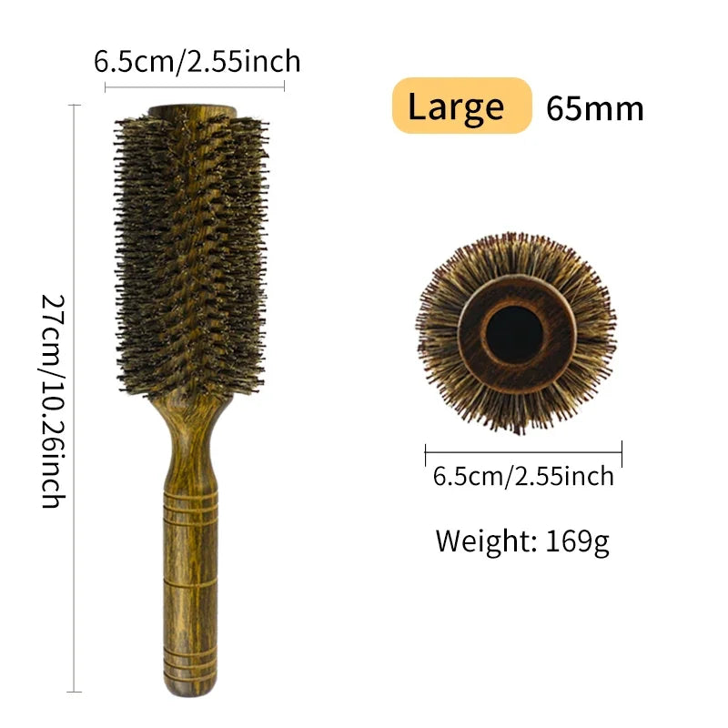 Boar Bristle Round Hair Brush – Wood Handle, 3 Sizes, Frizz Control