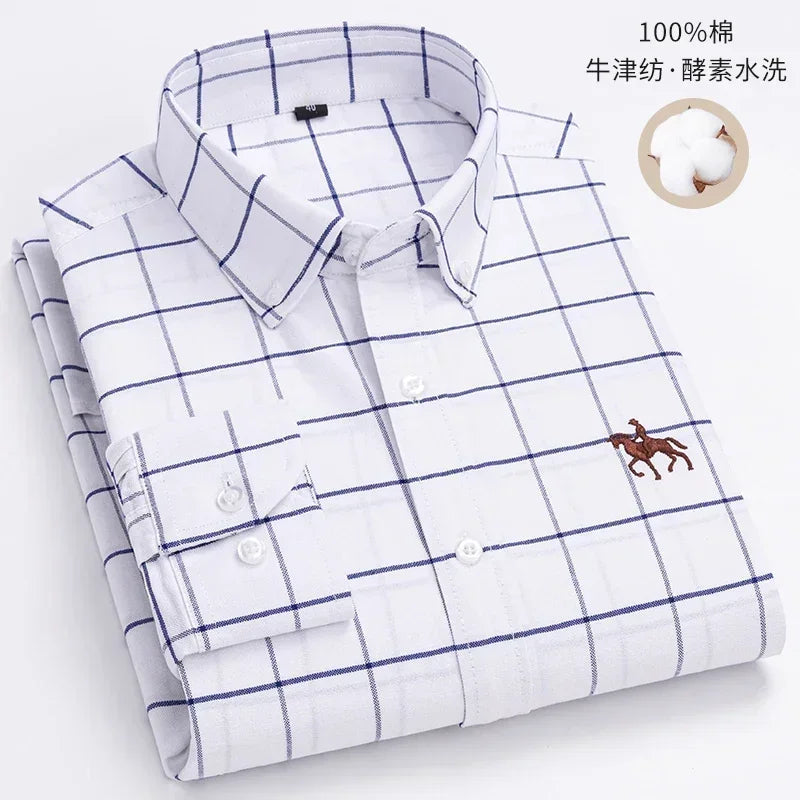 Men's White Oxford Shirt | Pure Cotton, Embroidered Horse, Long Sleeve
