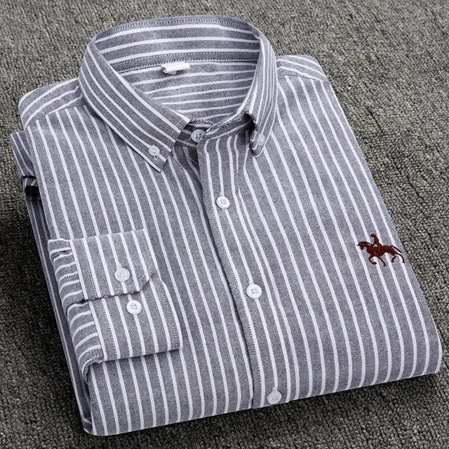 Men's White Oxford Shirt | Pure Cotton, Embroidered Horse, Long Sleeve