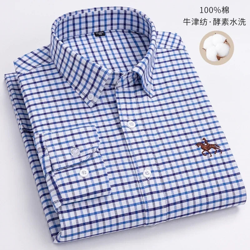 Men's White Oxford Shirt | Pure Cotton, Embroidered Horse, Long Sleeve