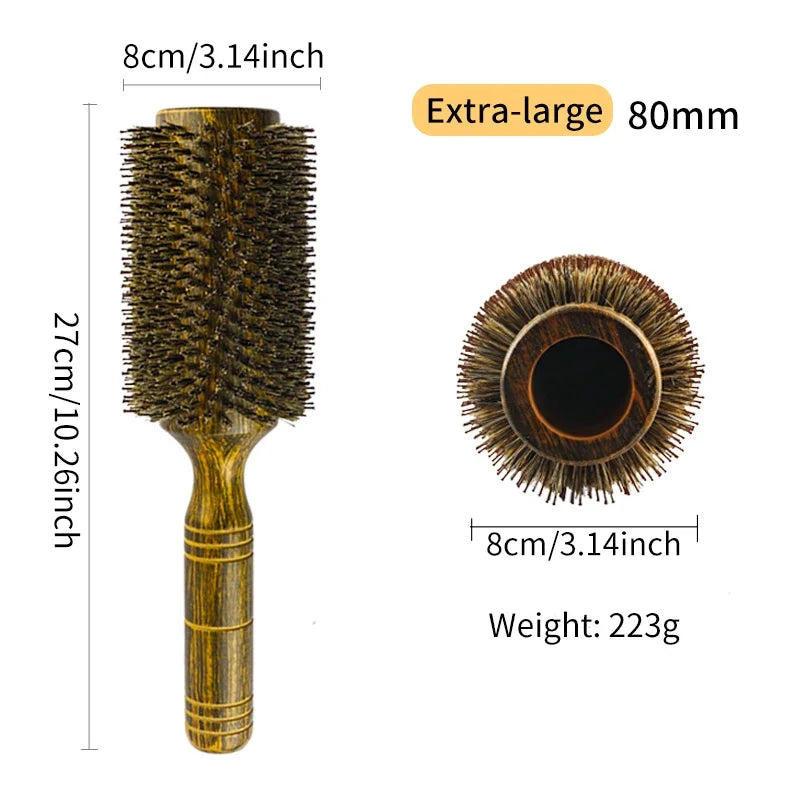 Boar Bristle Round Hair Brush – Wood Handle, 3 Sizes, Frizz Control