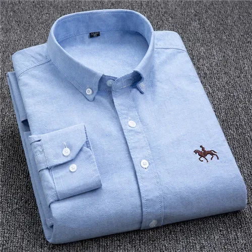 Men's White Oxford Shirt | Pure Cotton, Embroidered Horse, Long Sleeve