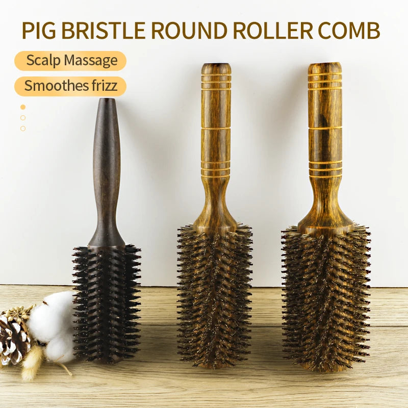 Boar Bristle Round Hair Brush – Wood Handle, 3 Sizes, Frizz Control