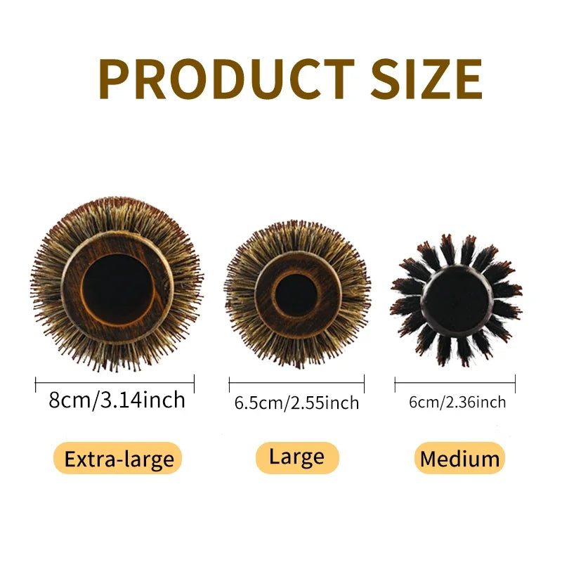Boar Bristle Round Hair Brush – Wood Handle, 3 Sizes, Frizz Control