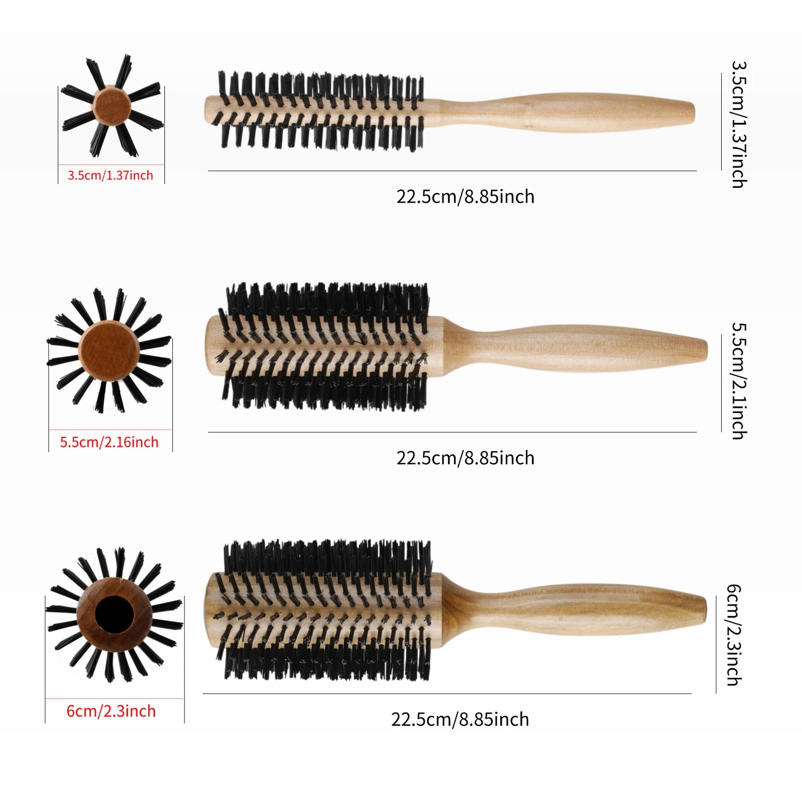 Beech Wood Round Hair Brush – Nylon Bristle, 3 Sizes, Blow Dry Styling