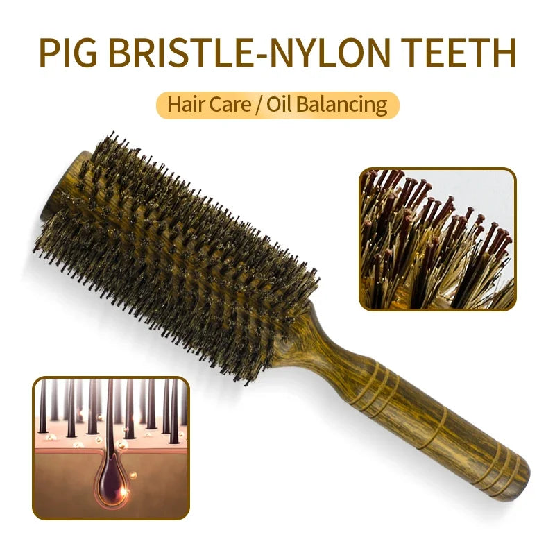Boar Bristle Round Hair Brush – Wood Handle, 3 Sizes, Frizz Control