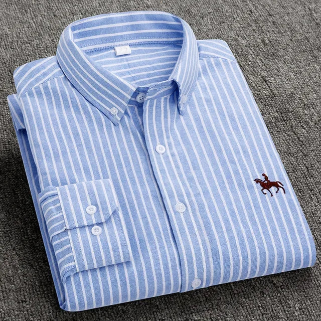 Men's White Oxford Shirt | Pure Cotton, Embroidered Horse, Long Sleeve