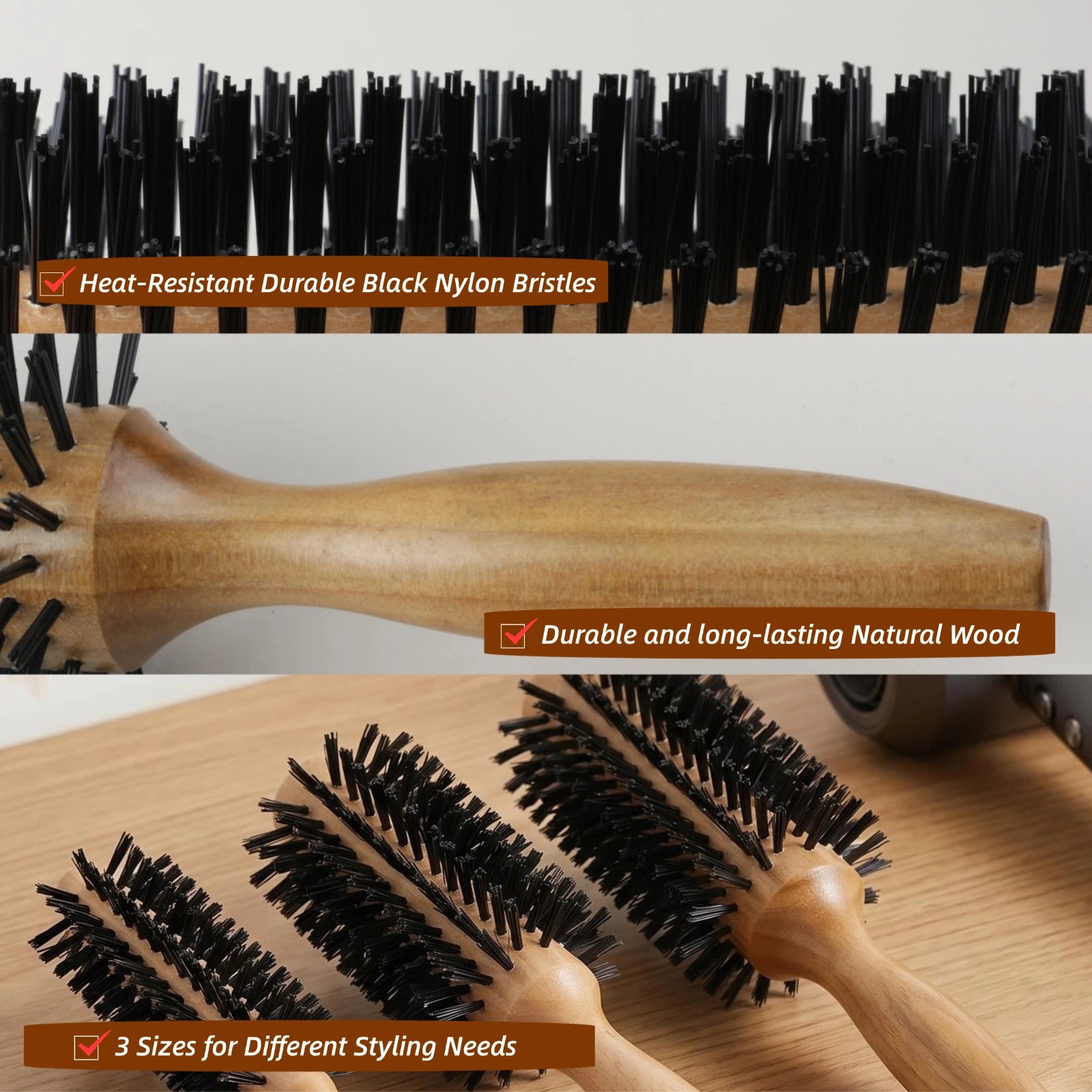 Beech Wood Round Hair Brush – Nylon Bristle, 3 Sizes, Blow Dry Styling