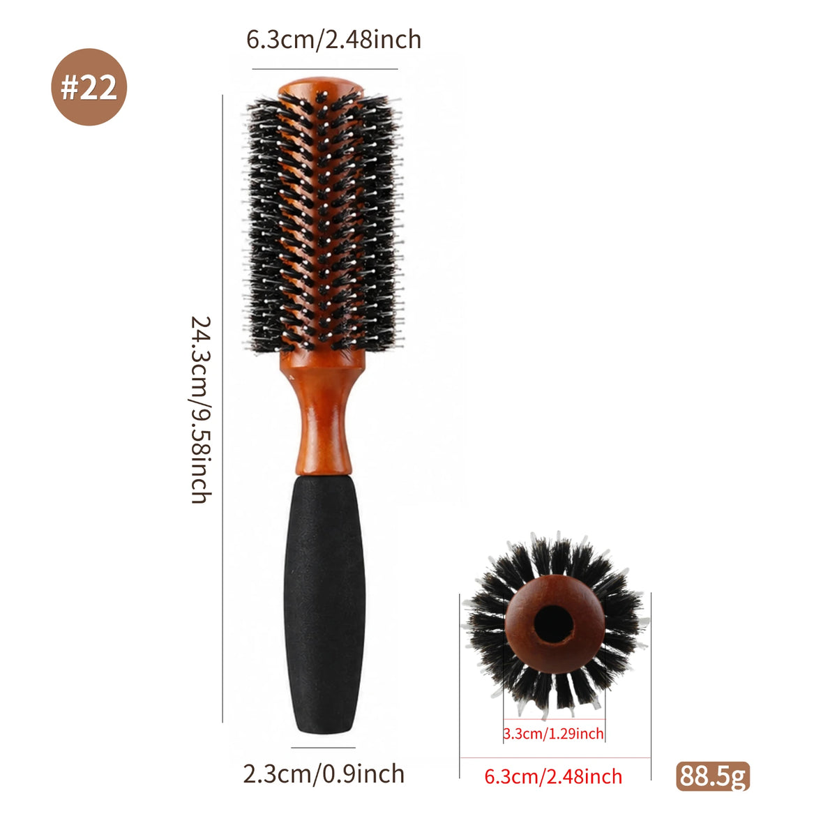 Boar Bristle Round Hair Brush – Beech Wood & Sponge Handle, 5 Sizes