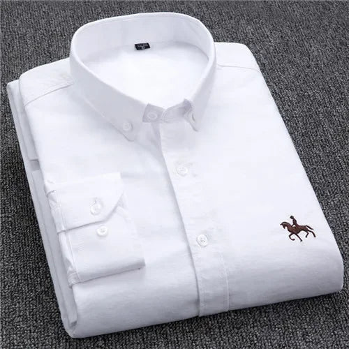 Men's White Oxford Shirt | Pure Cotton, Embroidered Horse, Long Sleeve