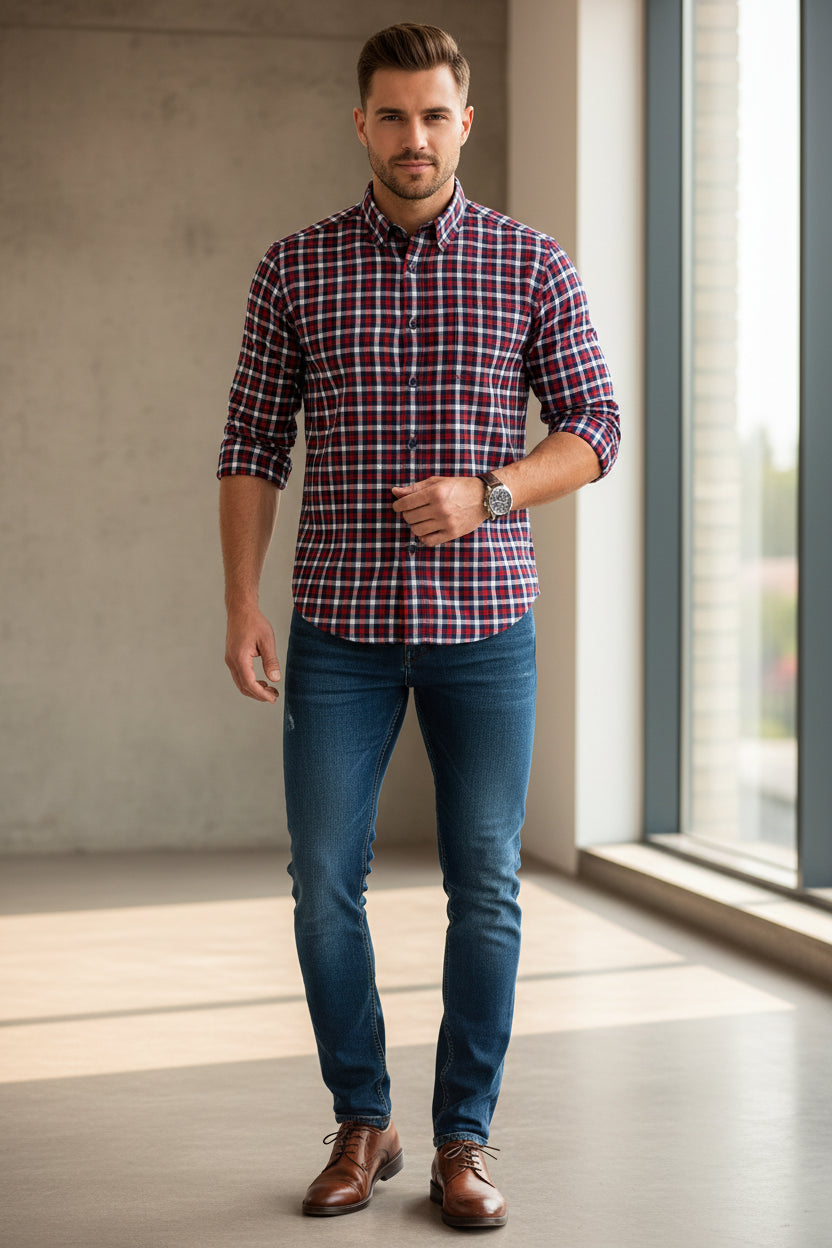 MKASOUTH — Men's Cotton Plaid Smart Casual Shirt