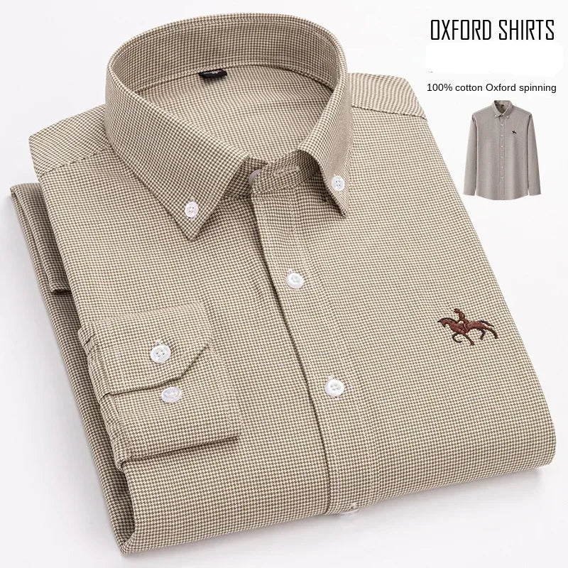 Men's White Oxford Shirt | Pure Cotton, Embroidered Horse, Long Sleeve