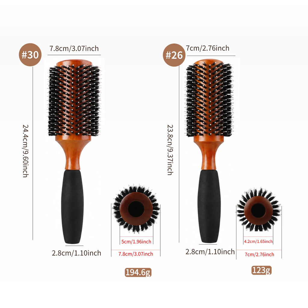 Boar Bristle Round Hair Brush – Beech Wood & Sponge Handle, 5 Sizes