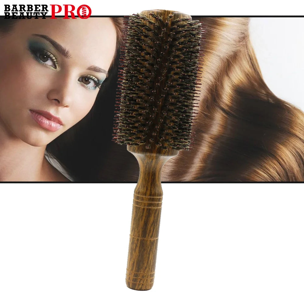 Boar Bristle Round Hair Brush – Wood Handle, 3 Sizes, Frizz Control