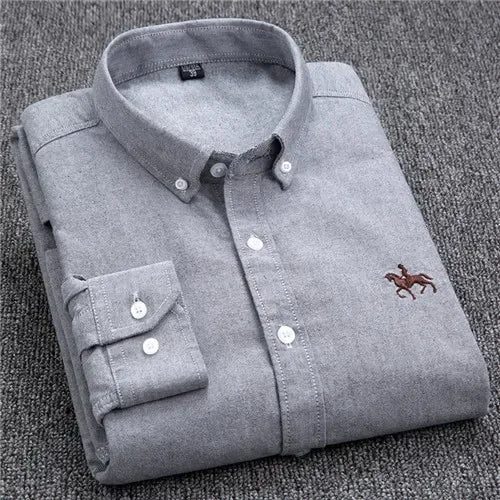 Men's White Oxford Shirt | Pure Cotton, Embroidered Horse, Long Sleeve