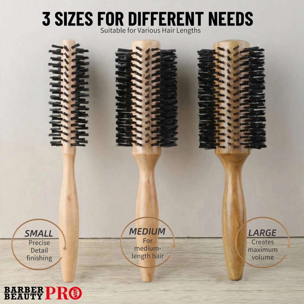Beech Wood Round Hair Brush – Nylon Bristle, 3 Sizes, Blow Dry Styling