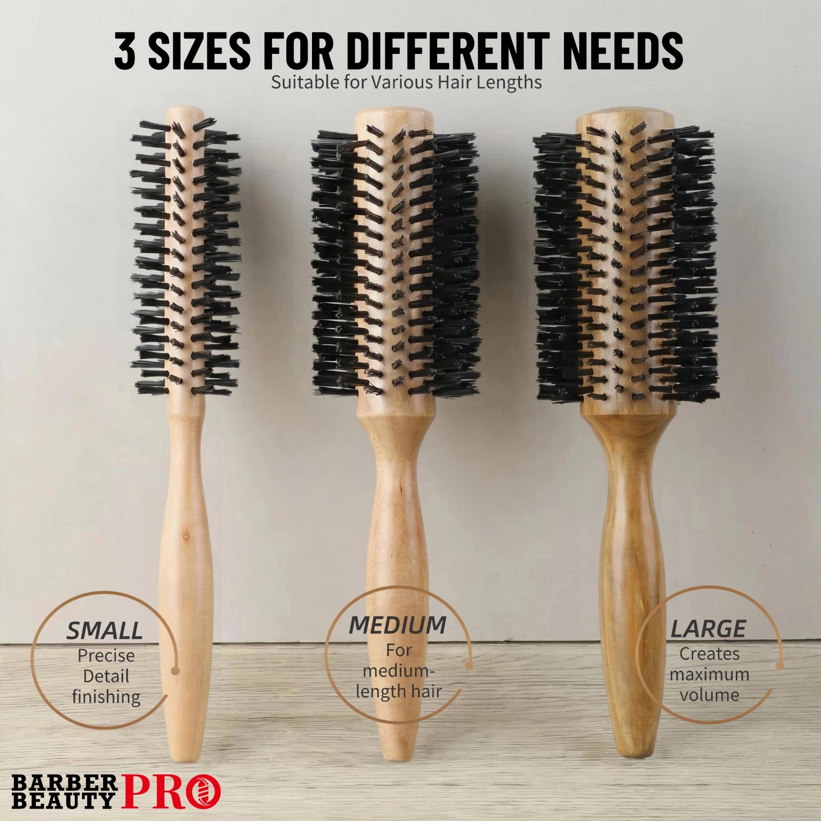 Beech Wood Round Hair Brush – Nylon Bristle, 3 Sizes, Blow Dry Styling