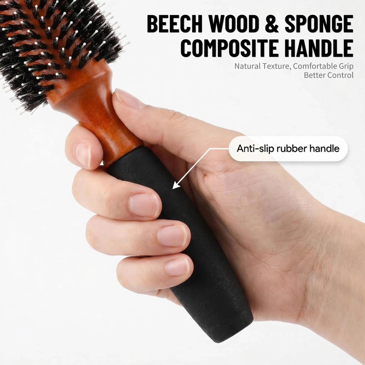 Boar Bristle Round Hair Brush – Beech Wood & Sponge Handle, 5 Sizes