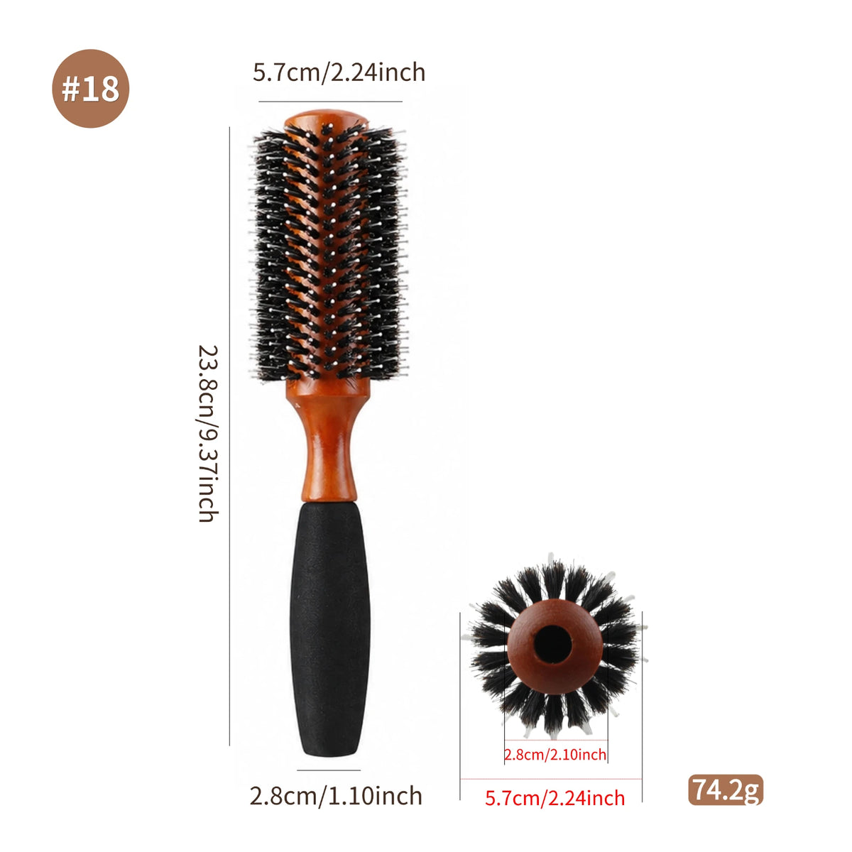 Boar Bristle Round Hair Brush – Beech Wood & Sponge Handle, 5 Sizes